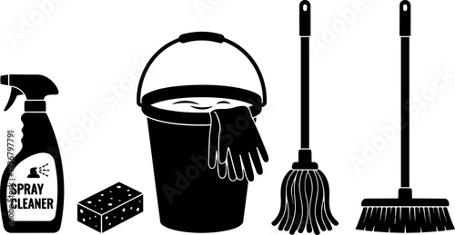 Flat design close up cleaning supplies set with spray bottle sponge bucket gloves mop broom on white minimalist silhouette background