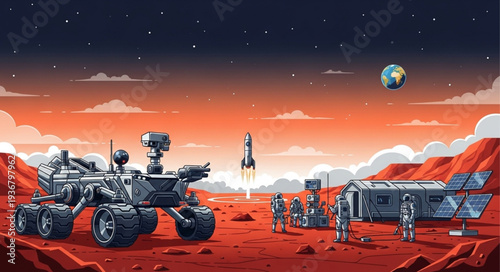 Mars Rover Exploring the Red Planet Surface.