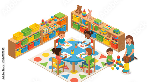 Children playing and learning in a colorful classroom setting with toys and educational materials.