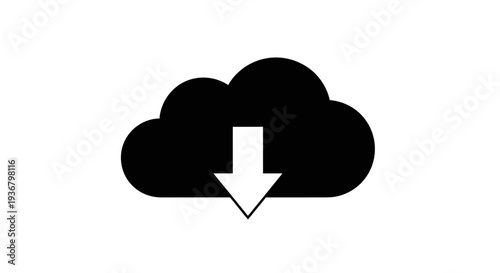 Black cloud download icon with arrow for data transfer, online storage, digital information access, and network computing.