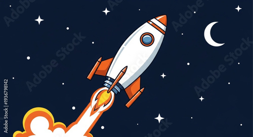 Cartoon Rocket Launching into Space with Night Sky.
