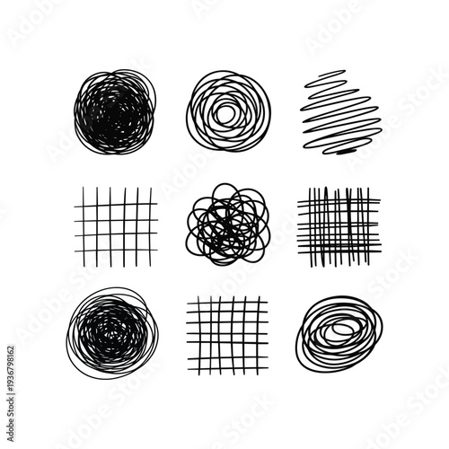 Black scribbles and grids on white background black lines hand-drawn vector illustration isolated on white background