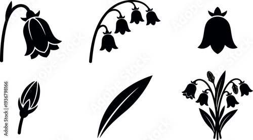 Flat design lily of the valley flower icons set close up botanical silhouettes showing buds leaves stems arranged composition minimalist