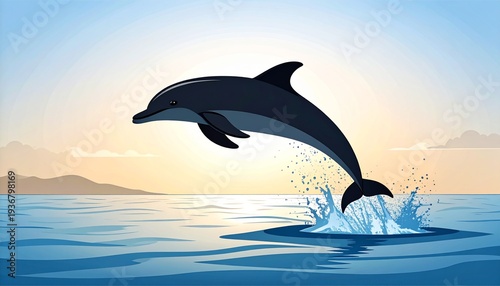 Vector silhouette of dolphin jumping out of water in minimal and dynamic marine design