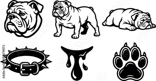 Tattoo flash bulldog head standing full body and lying pose with spiked collar paw print drool emblem bold line art