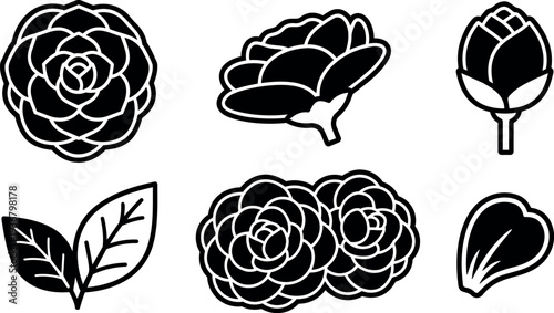 Minimalist flat vector floral icon set camellia blossom bud leaf petal close up black and white stickers outline badge collection