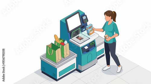 Woman using self-service checkout machine at retail store.