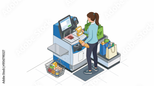 Woman checking out groceries at a self-service checkout.