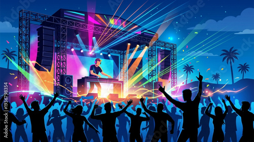 Vibrant nighttime music festival with dj and crowd celebrating under colorful lights and palm trees