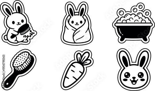 Cute sticker vector set of bunny grooming brushing carrot and bubble bath icons in bold outline smiling face rounded sticker