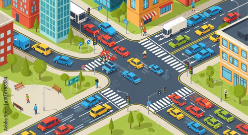 Colorful City Intersection with Vehicles and Pedestrians.