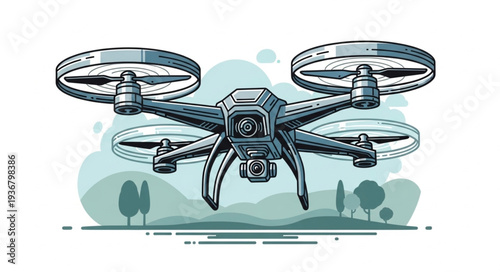 Modern Drone with Four Propellers Flying in Sky.