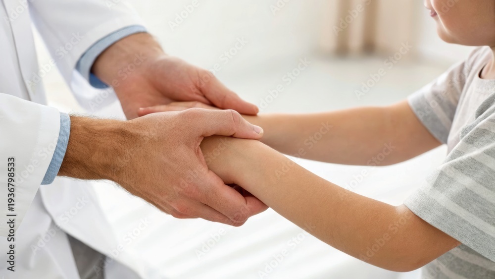 Obraz premium A doctor gently holds a child's arm during a medical examination in a bright clinical setting.