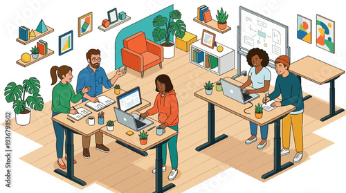 Diverse team collaborating in a modern office space with technology and plants.