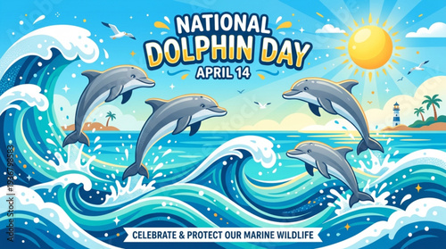 Dolphins jumping out of ocean waves on national dolphin day with sunny coastal background