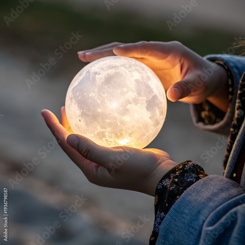 Close-up hand holding glowing crystal orb, mystical aura, dark background.