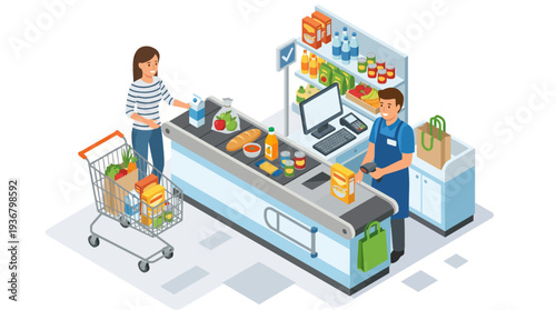 Woman shopping at supermarket checkout counter with cashier.