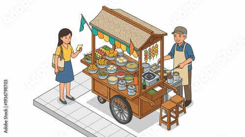 Woman purchasing food from a street vendor at a wooden cart.
