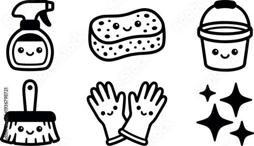 Kawaii line art cleaning icons set close up spray bottle sponge bucket brush gloves and cute sparkles flat vector illustration
