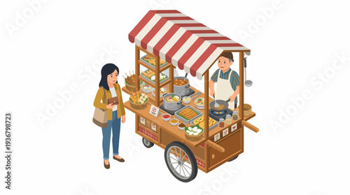 Woman buying food from a street vendor cart.