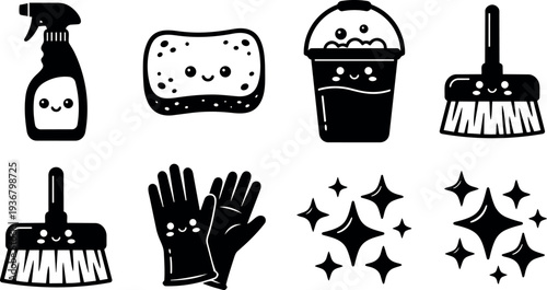 Flat design kawaii cleaning icons set smiling spray bottle sponge bucket broom gloves sparkles arranged in grid black vector illustration