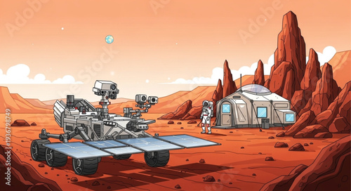 Mars Rover Exploring Red Planet Surface with Rocky Formations.