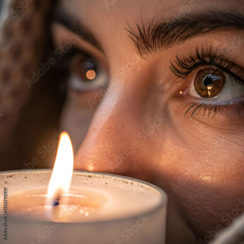 Close-up eyes reflecting candle flame, warm cozy glow, intimate mood.