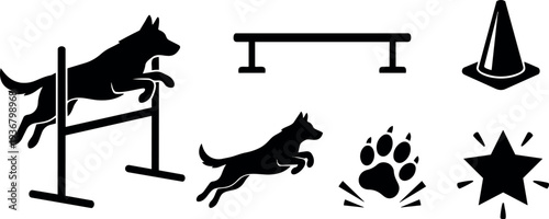 Flat design jumping dog icon set showing hurdling german shepherd silhouette in landscape composition with cone and star accents bold