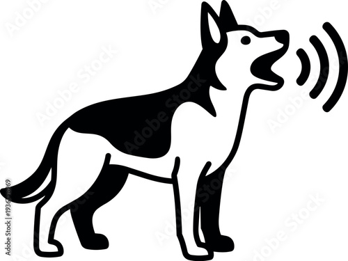 Flat design side view barking dog icon with sound waves standing alert profile simple black and white vector graphic minimal
