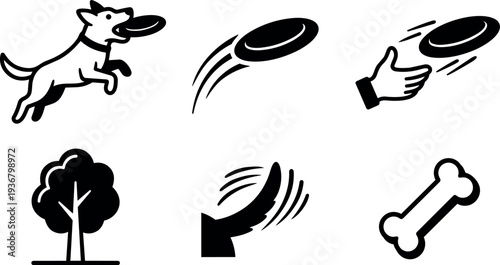 Flat design close up set of dog play icons showing jumping dog catching frisbee hand throwing bone and tree motion