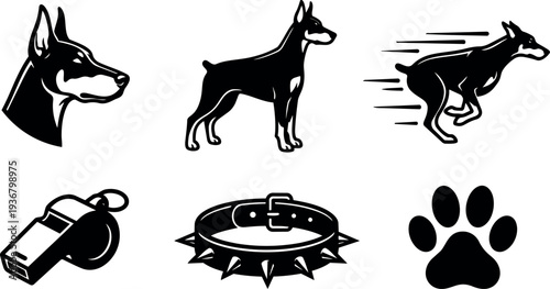 Minimalist vector dog icon set doberman head profile standing full body running action whistle spiked collar paw print black silhouette