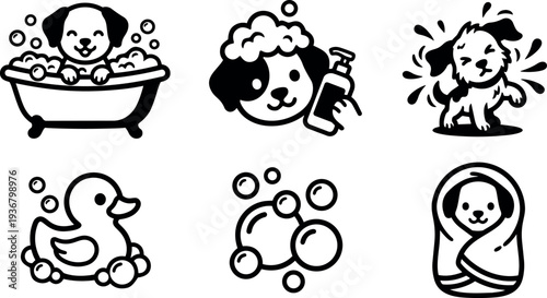 Line art icon set of playful puppy bathing with bubbles rubber duck towel wrapped dog shaking splashing close up vector