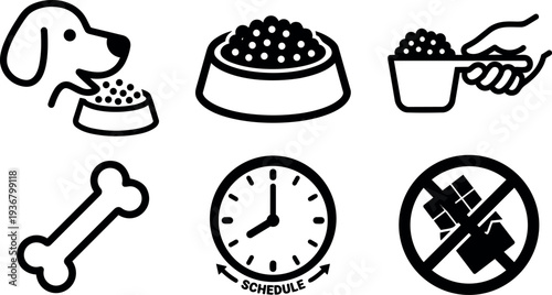 Line art dog feeding icon set with dog eating bowl scoop bone feeding clock schedule and no treats prohibition symbol