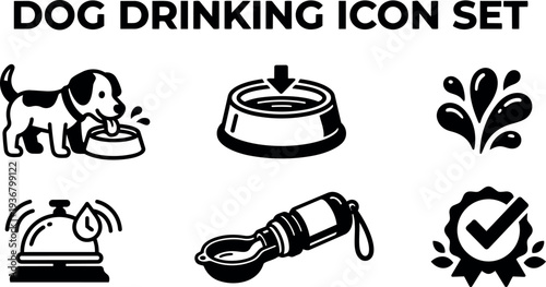 Flat design close up dog drinking from bowl icon set showing splash portable water bottle bell approval badge bold