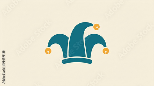 Teal jester's hat with gold bells on a cream background symbolizing jest and playfulness