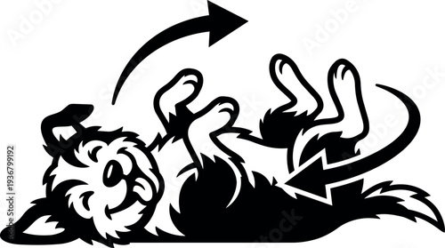 Line art playful dog rolling on back with tongue out paws up closeup vector black and white bold outline illustration