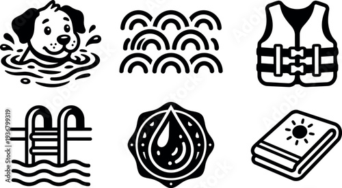 Flat design swimming pool safety icons set with dog swimming life jacket ladder waves water droplet and sun towel badge