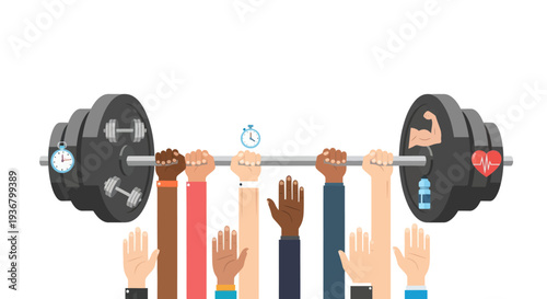 Diverse Hands Lifting Barbell Together.