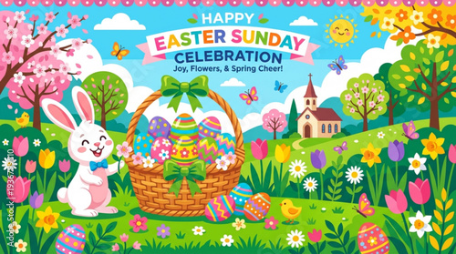 Easter sunday celebration with bunny and basket of eggs in colorful spring garden landscape
