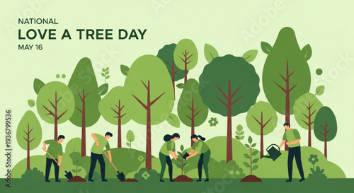 People planting trees on national love a tree day in a forest with green trees and hills