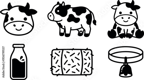 Line art cute cow and dairy icon set showing smiling cow head full body sitting calf milk bottle hay bell