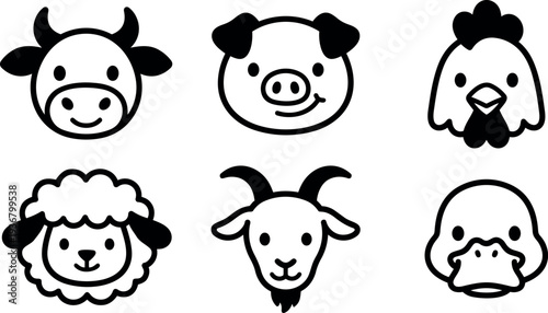Minimalist flat design farm animal icon set cow pig chicken sheep goat duck smiling faces black outline vector art pack