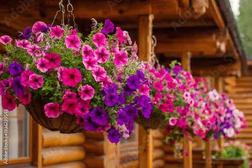 Wallpaper Mural Pink and purple petunias hanging from wooden porch Torontodigital.ca