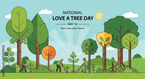 People planting trees on national love a tree day with green landscape and sunny sky