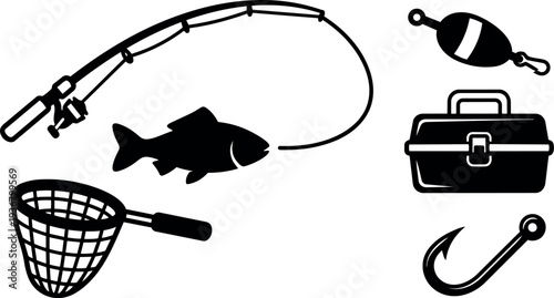 Flat design overhead fishing gear composition with rod and curved line showing hooked fish net and tackle box black