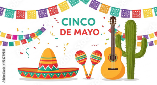 Cinco de mayo celebration with sombrero guitar cactus and colorful decorations