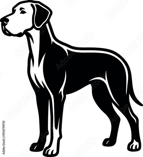 Line art standing dog profile looking left vector silhouette black and white minimal pet emblem design clean studio side view