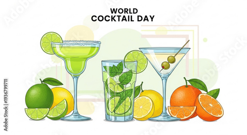 World cocktail day celebration with assorted citrus fruits and mixed drinks