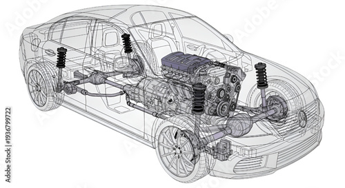 Automotive Technology Car Wireframe Engine Chassis Vector Drawing