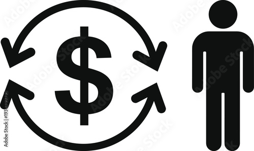 Black vector icon of a person next to a dollar sign with circular arrows representing financial exchange, money transfer, investment returns, and personal wealth.